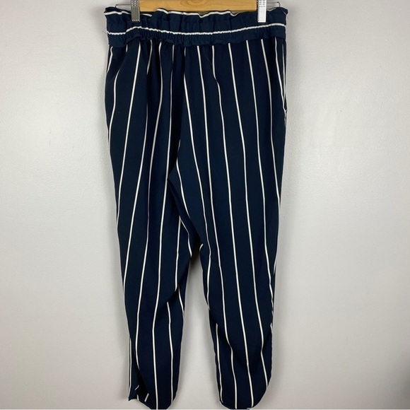 Zara TRF Striped Straight Leg Crop Trousers Drawstring Waist Medium Navy - Picture 6 of 12